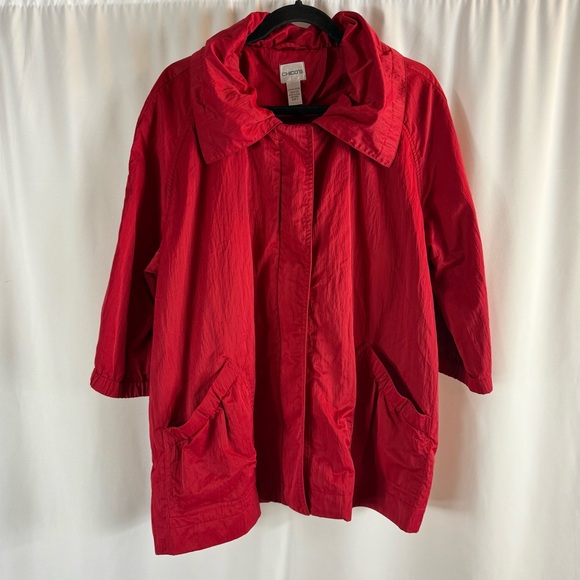 Chico's Red Windbreaker  Bold Red Utility Jacket adjustable waist Sz:3 - Picture 1 of 15